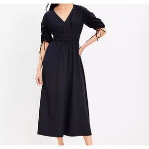 Loft Tie Puff Sleeve Midi Dress Black Small Cotton Modal Romantic Milkmaid